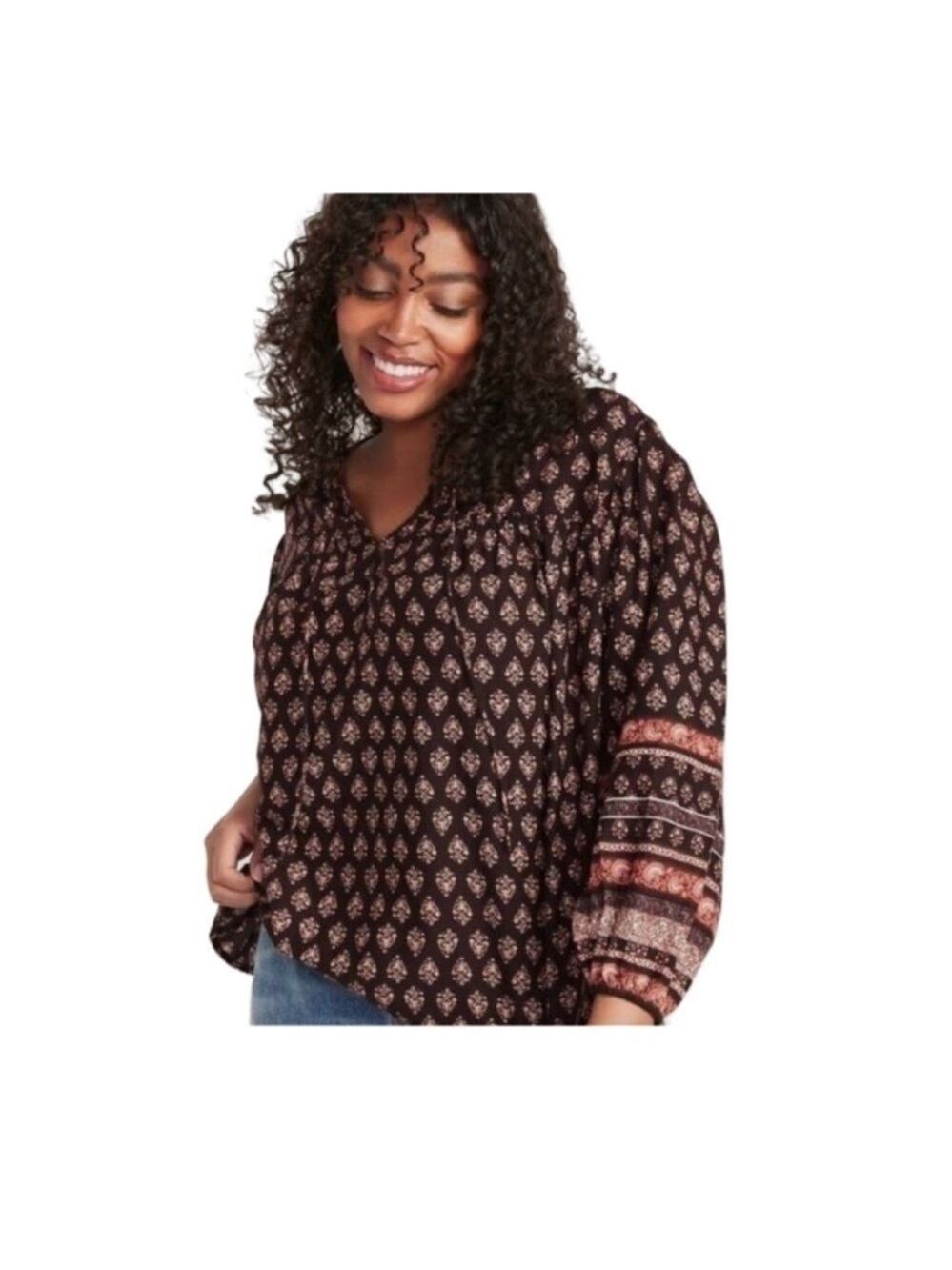 Old Navy Long Sleeve Brown Smocked Printed Peasant Blouse NWT Size XXL